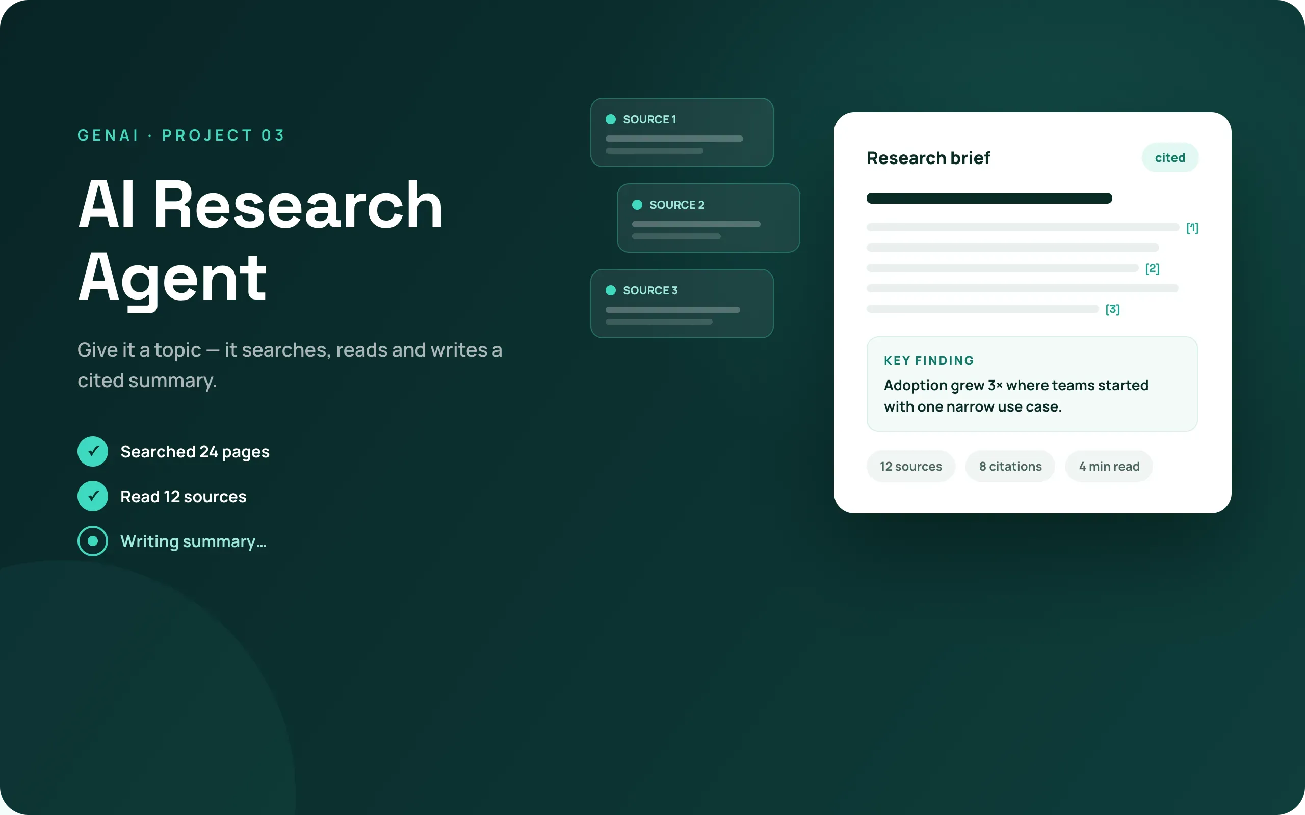 AI research agent searching multiple sources and generating a cited research brief with key findings