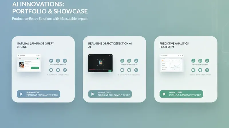 A clean AI-engineer portfolio homepage showing three project cards, each with a working demo, architecture, evaluation m
