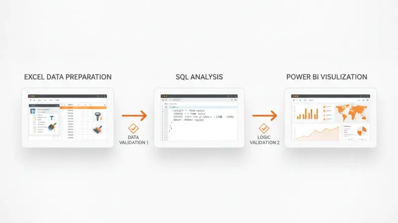 A clean three-stage workflow diagram showing Excel data preparation, SQL analysis and Power BI visualization, with valid