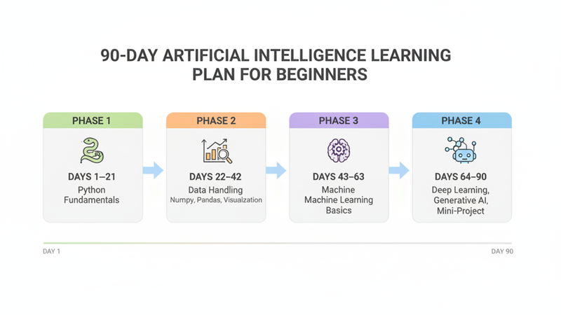 90-day AI learning plan for beginners covering Python, data handling, machine learning, and generative AI