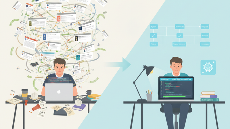 Beginner AI learner moving from confusion and tutorial overload to a structured roadmap